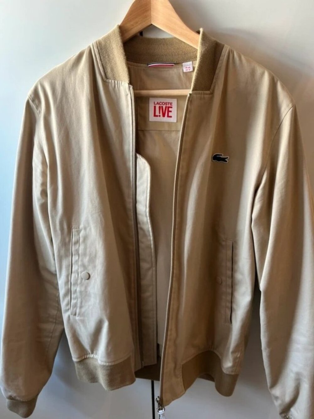 Lacoste L!VE Men's Beige Bomber Jacket Lightweight Zip-Up – Size S